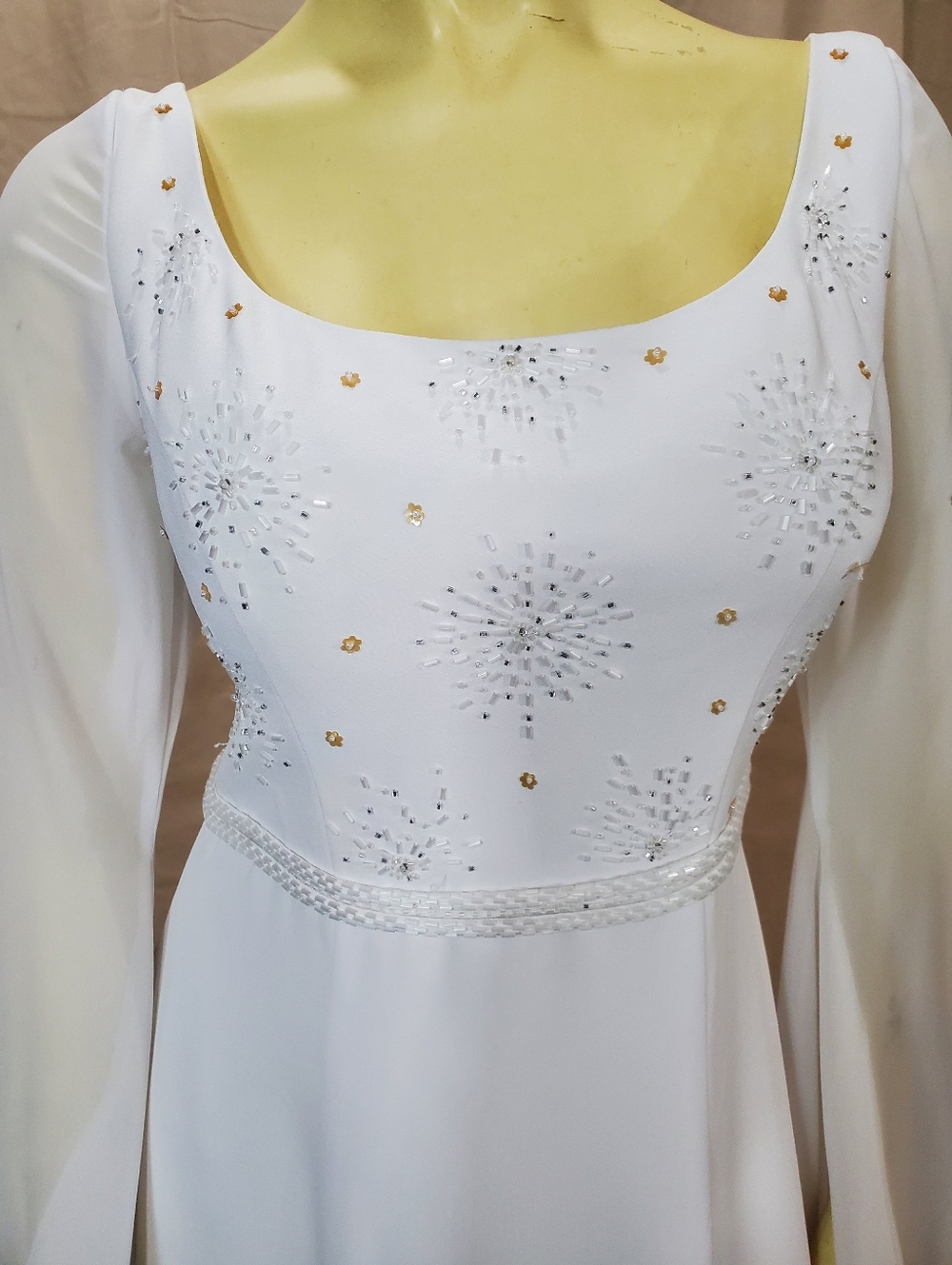 White Beaded Long-Sleeve Bridal Gown with Draped Sleeves - Picture 7 of 8